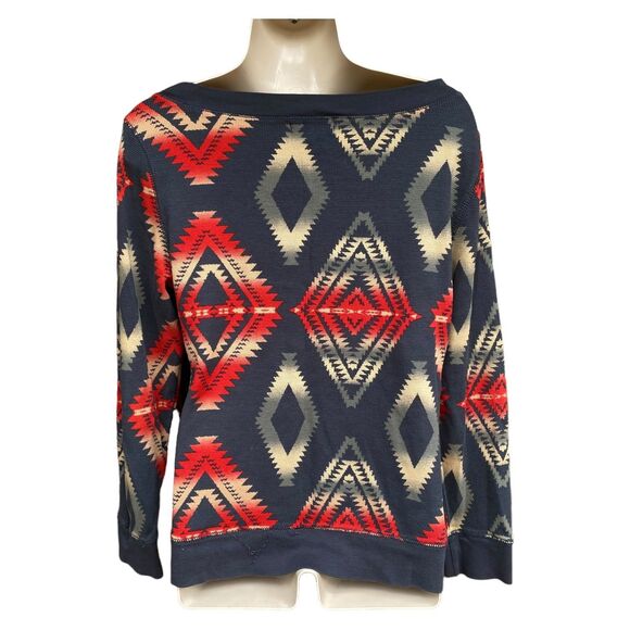 CHAPS Denim Ralph Lauren Southwestern 100% Cotton Thermal Waffle Weave Top M - Picture 2 of 10